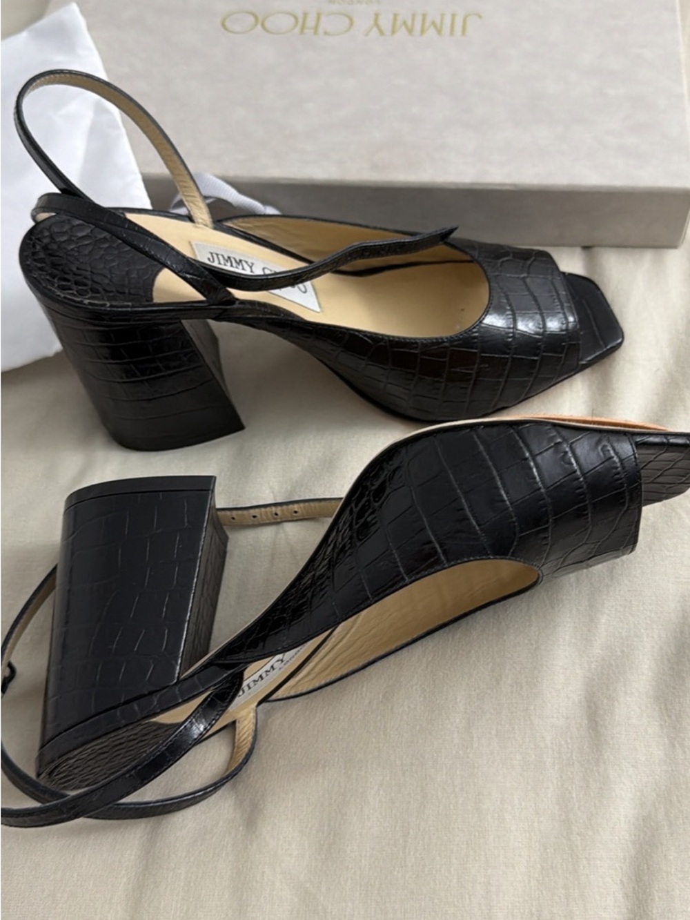 Jimmy Choo Black Croc-Embossed Slingback Block Heel Sandal